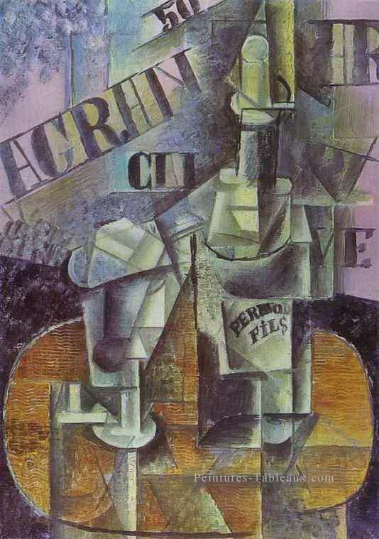 Bouteille de pernod Table dans un café 1912 cubiste Pablo Picasso Peintures à l'huile